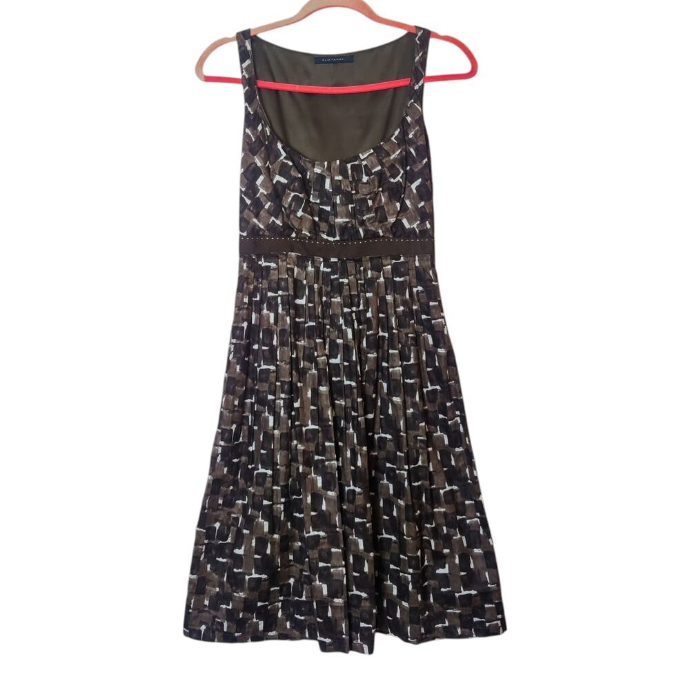 Elie Tahari Brown Geometric Pleated Empire Waist Brushed Cotton Dress 4 Twee Y2K